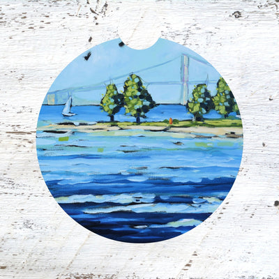 Car Coaster: Sailing at Mackinac Bridge - Mackinac Island. Artist Christi Dreese by Dreese Fine Art - Resin Society