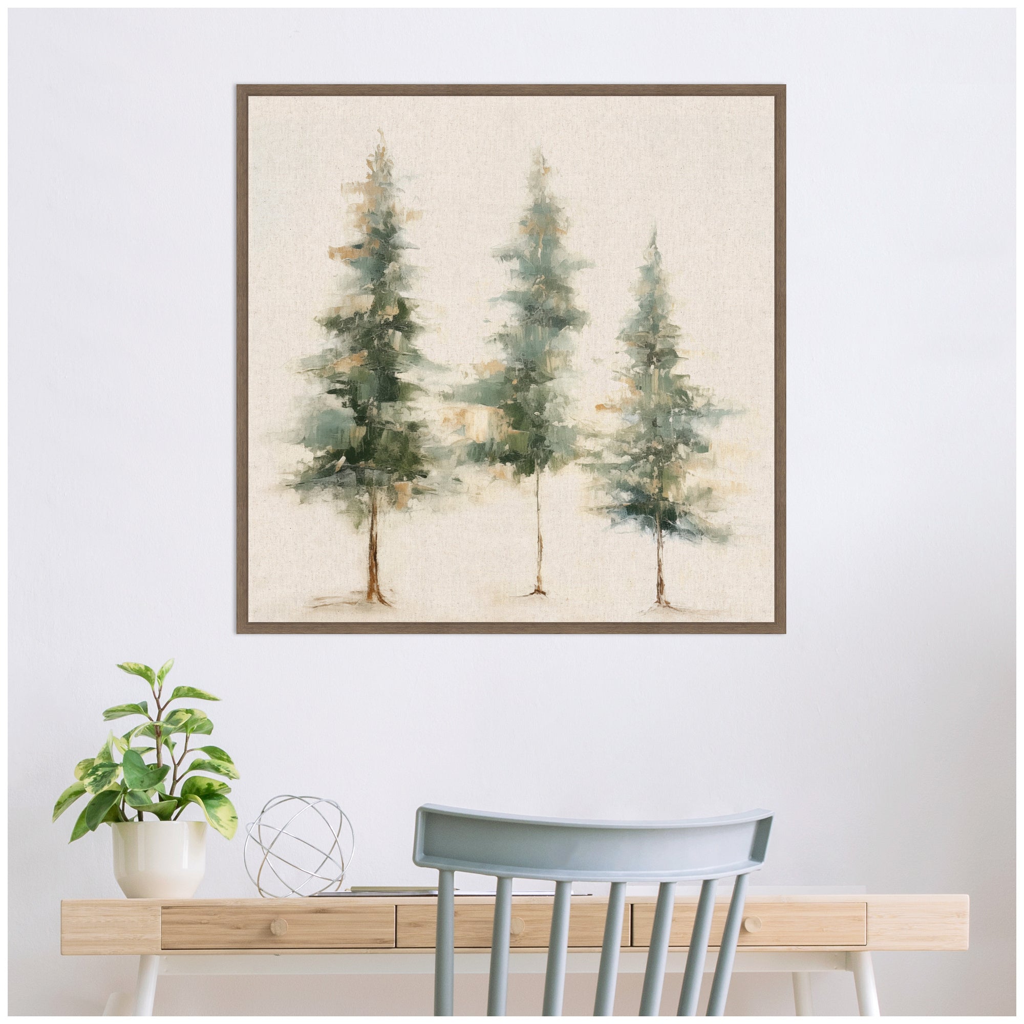 Sylvie Abstract Forest Evergreen Trees on Neutral Linen Framed Canvas