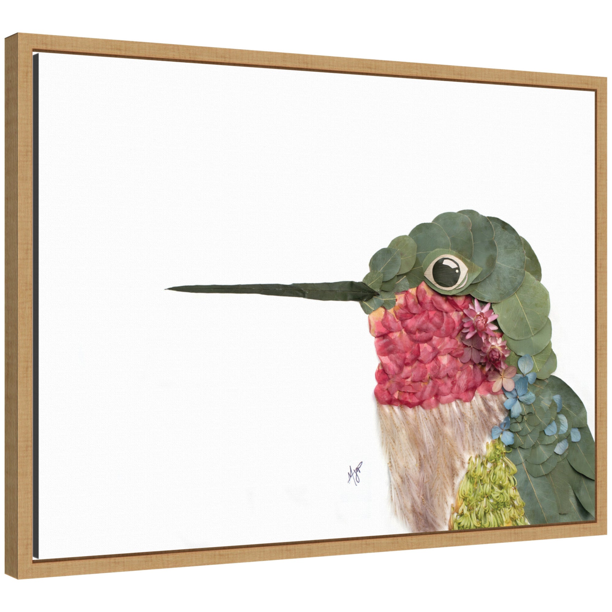 Framed canvas wall art print featuring a hummingbird by Madeline Jeppesen in a Sylvie moulding frame