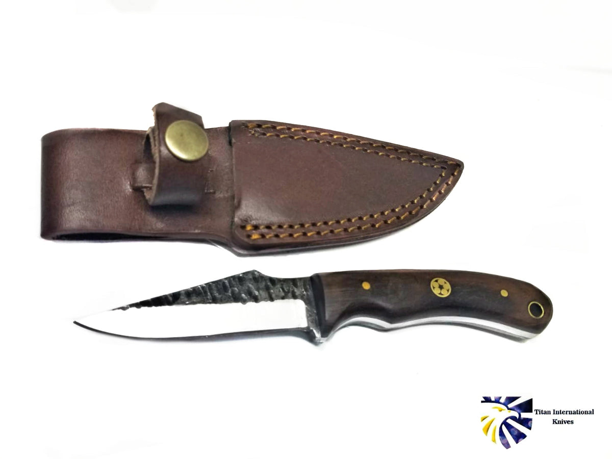 CUSTOM FORGED CARBON KNIFE with rosewood grip by Titan TC-054 lying flat with blade and handle visible