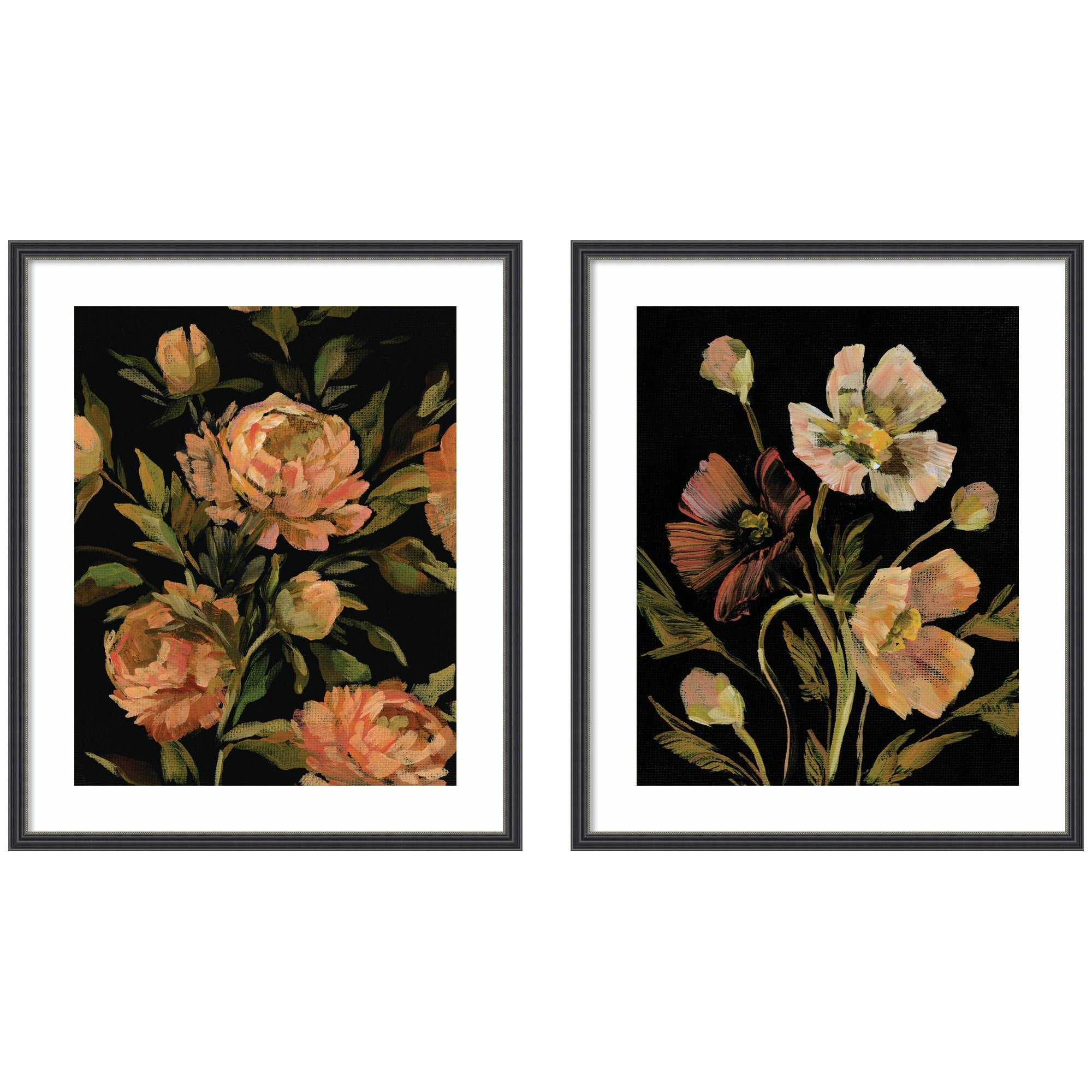 Moody Floral 3 & 5 2 Piece Framed Wall Art Print Set by Annie Quigley displayed on wall
