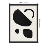 Abstract black geometric shapes including a large semicircle, an arc, and two irregular ovals on a white background, framed in black and labeled with 18x24 inch dimensions.