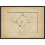 Framed vintage baseball diamond diagram print in black designer moulding on wall