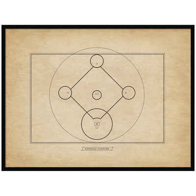 Framed vintage baseball diamond diagram print in black designer moulding on wall