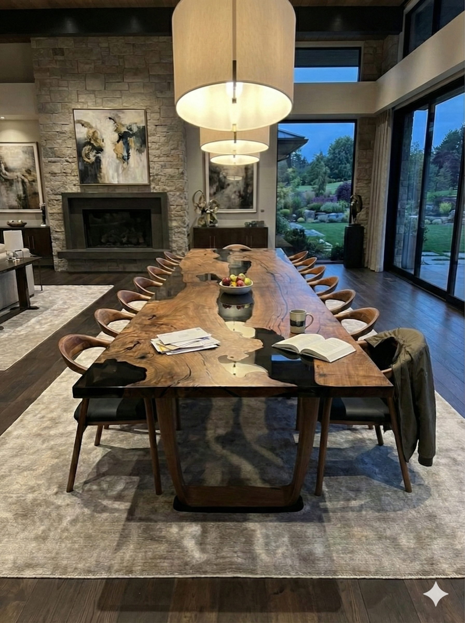 Epoxy Resin River Dining Table with Walnut Wood Legs showcasing natural wood and vibrant resin river design