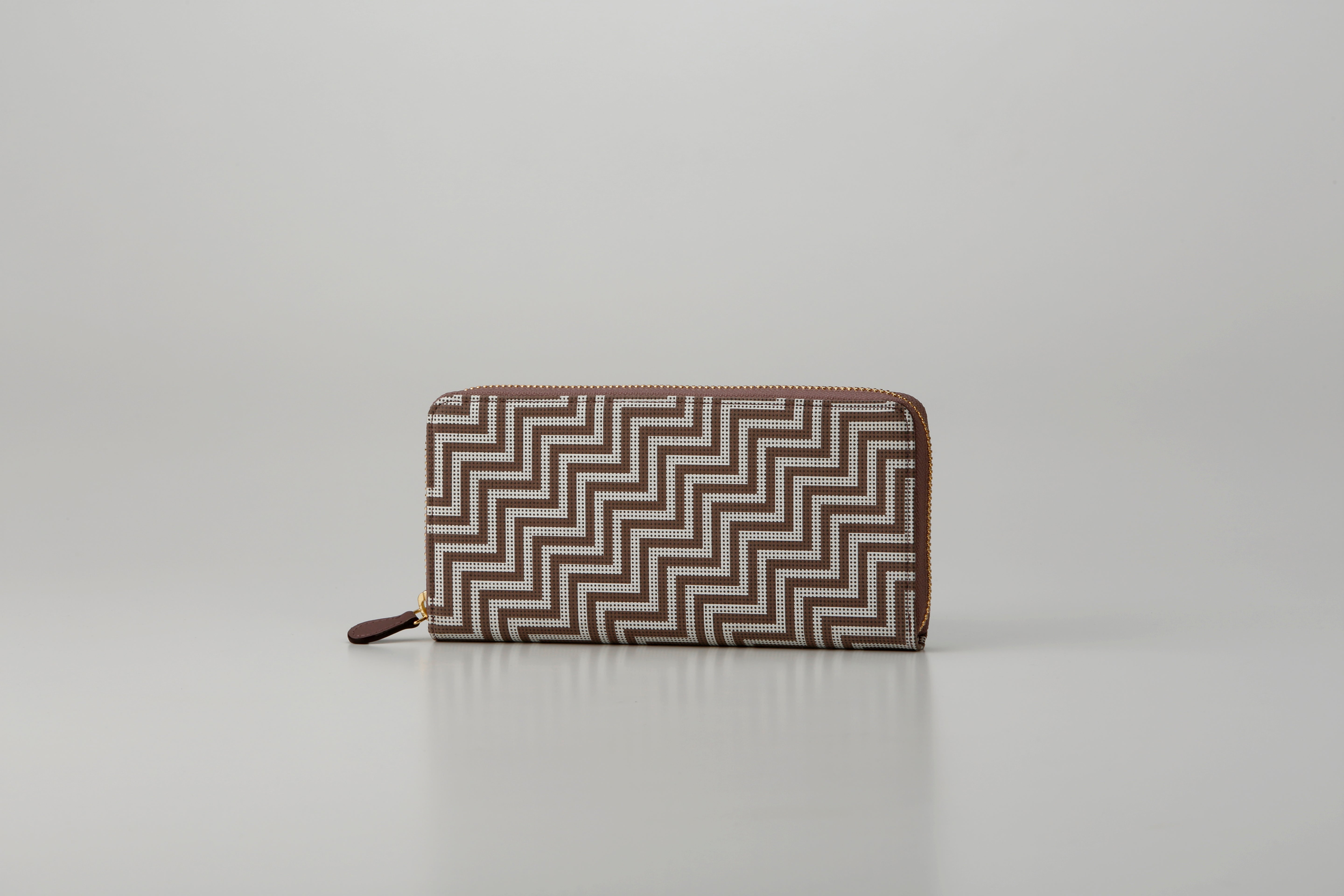 Zipped Long Wallet - New Grecian showing hand-drawn white pattern with gray lacquered dots on deer skin