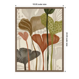 Framed canvas featuring abstract botanical shapes in muted earth tones of brown, green, rust, and gray with soft, overlapping leaves and stems on a beige background.