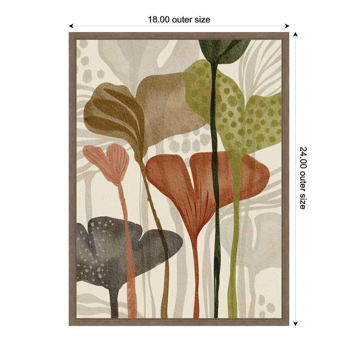 Framed canvas featuring abstract botanical shapes in muted earth tones of brown, green, rust, and gray with soft, overlapping leaves and stems on a beige background.