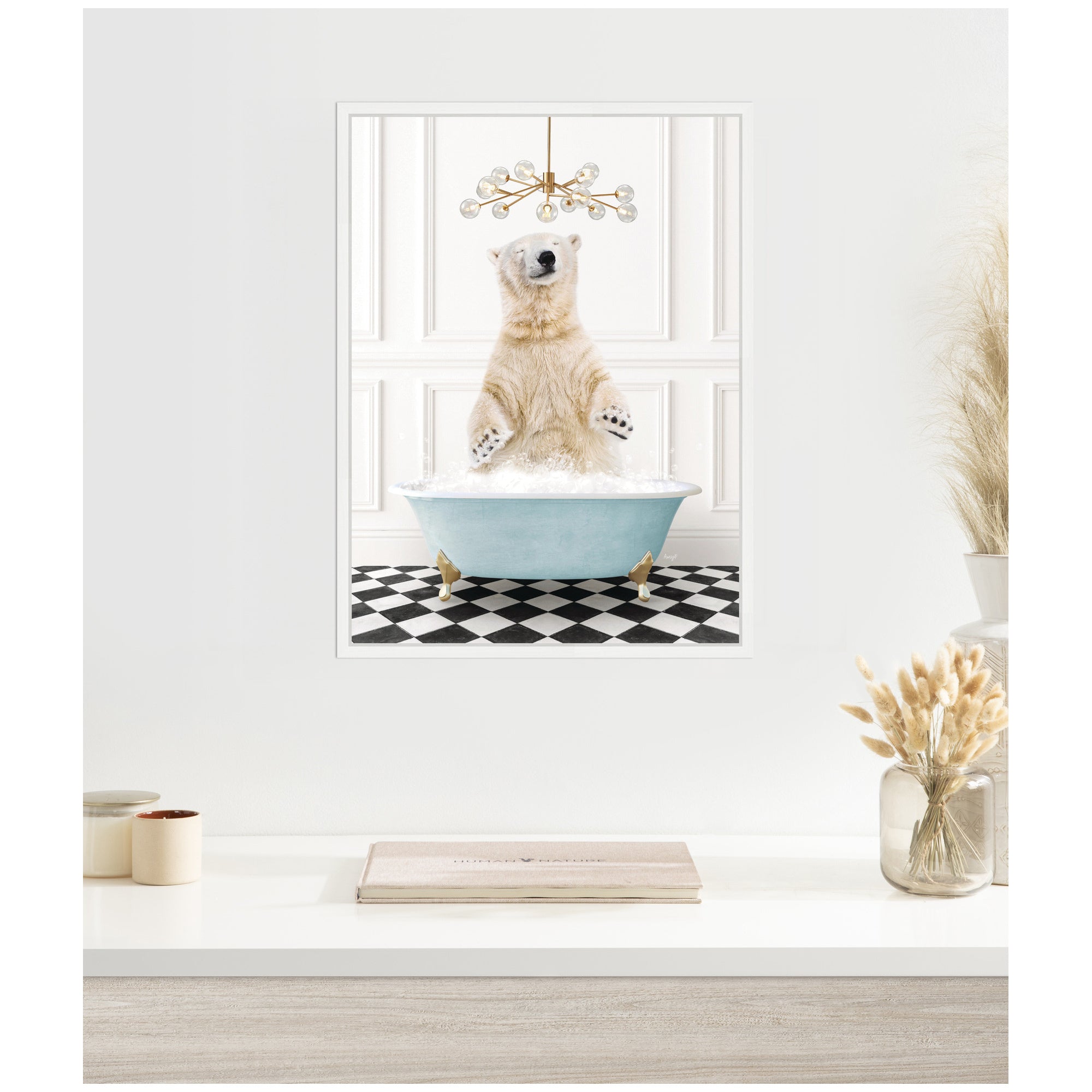 Sylvie Polar Bear in Blue Bathtub on Checker Floor Framed Canvas by Amy Peterson