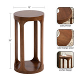 Tall round side table with open arched legs and solid mango wood in a walnut finish, measuring 12 inches wide and 23 inches tall.