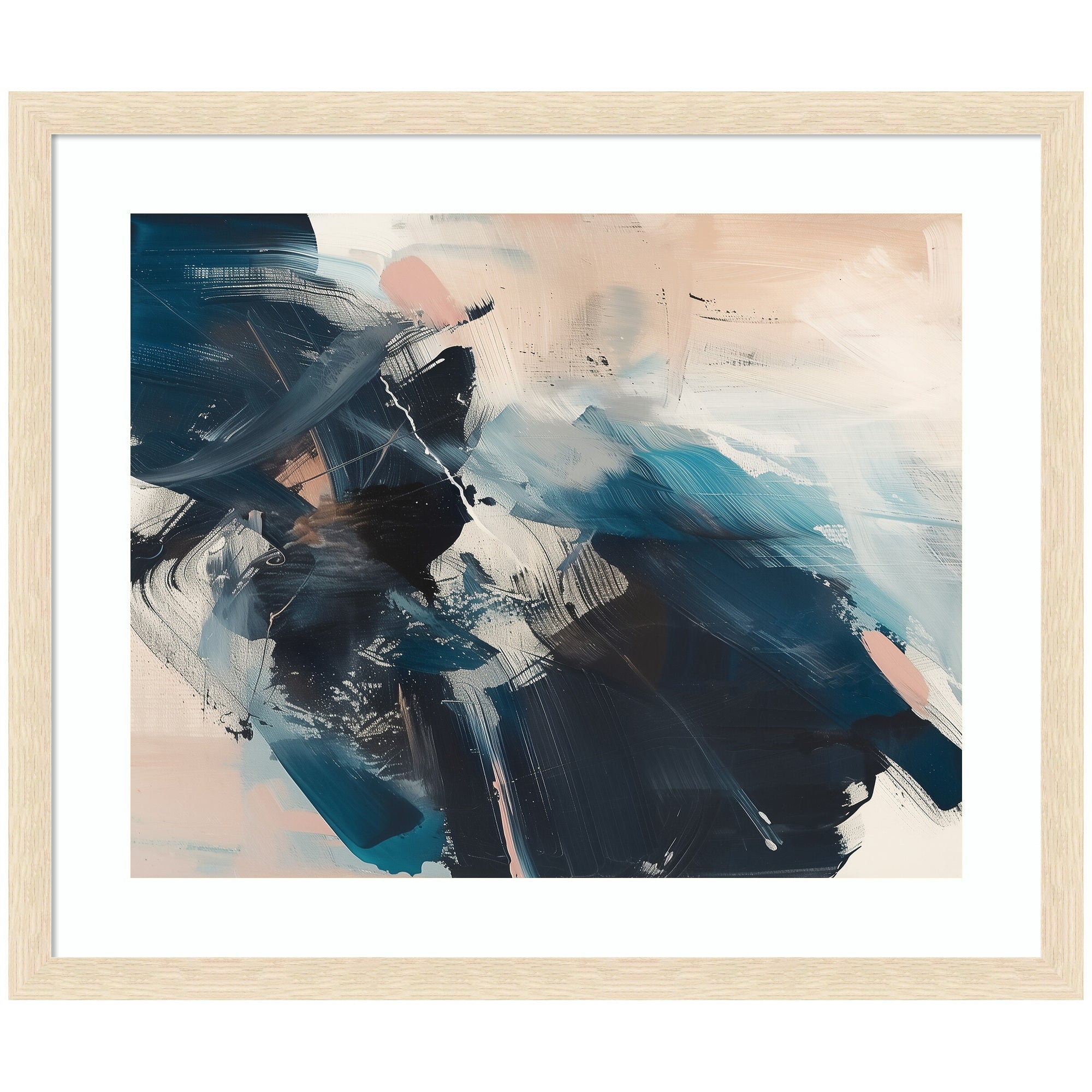 Framed Art Deep Blue Momentum II by Amy Lighthall showing dynamic blue and peach brushstrokes in modern contemporary frame