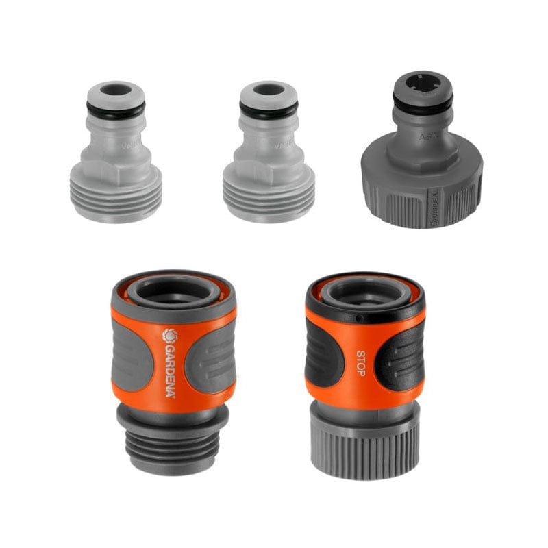 GARDENA 5 Piece Quick Connect Starter Set components arranged on a surface