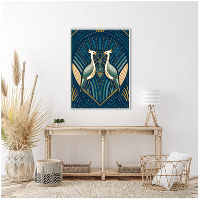 Sylvie Art Deco Herons Blue Framed Canvas by Carey Copeland