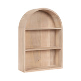 Light unfinished wood wall shelf with an arched top and three horizontal shelf compartments, shown against a white background.
