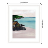 Framed painting of a seascape with turquoise water, a sandy beach, dark rocky cliffs, and green hills under a cloudy sky.