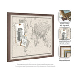 Framed fabric pinboard featuring a vintage black and white linen world map with three pinned black and white photos on the left side, set in a brown wood frame.