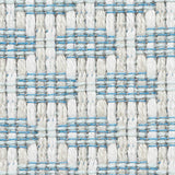 Close-up of woven fabric with thick white yarns interlaced with fine sky blue threads forming a grid pattern, showing textured, chunky weave detail.
