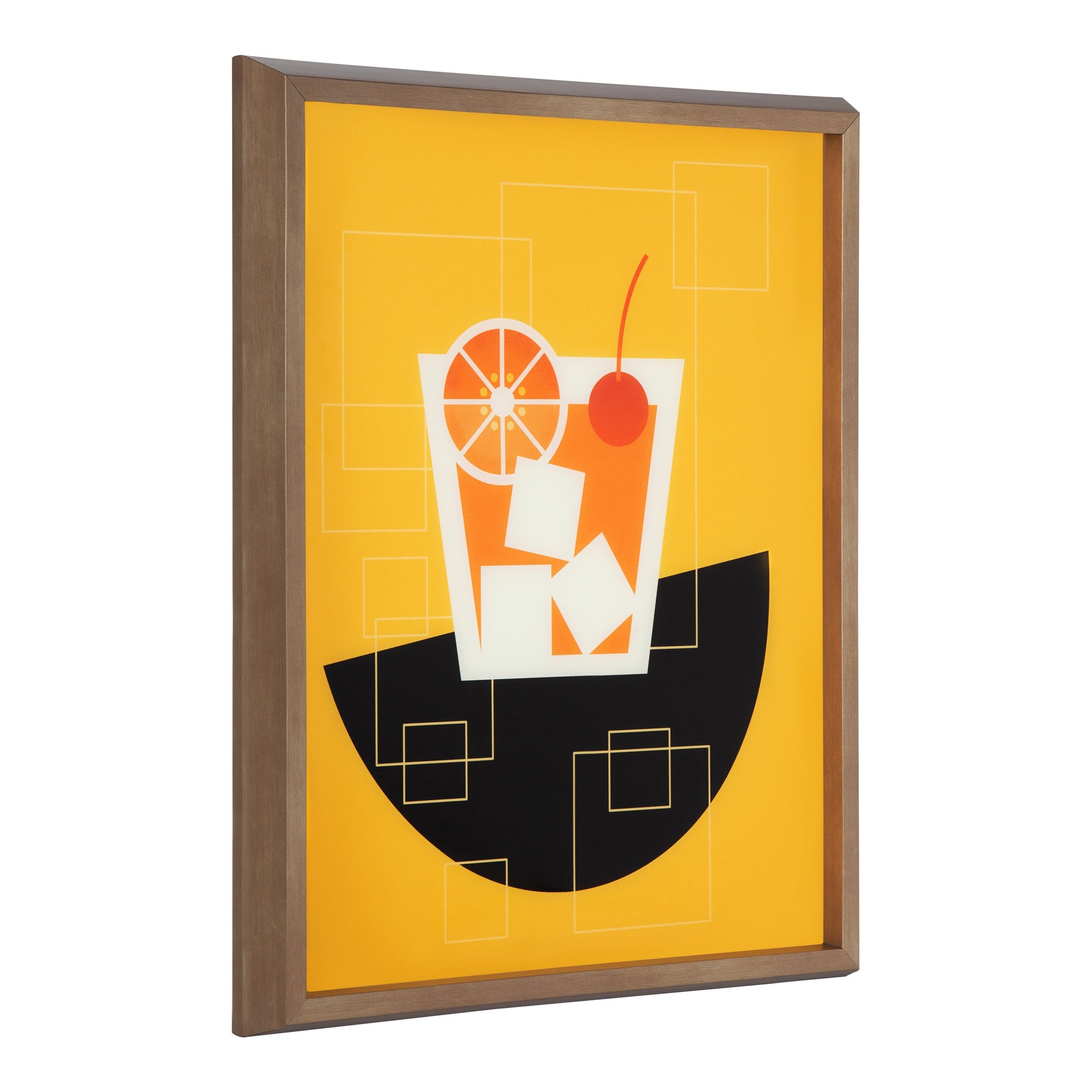 Blake Old Fashioned framed printed art with a dark background and text description of the Old Fashioned cocktail, shown in Natural and Gold frame options.