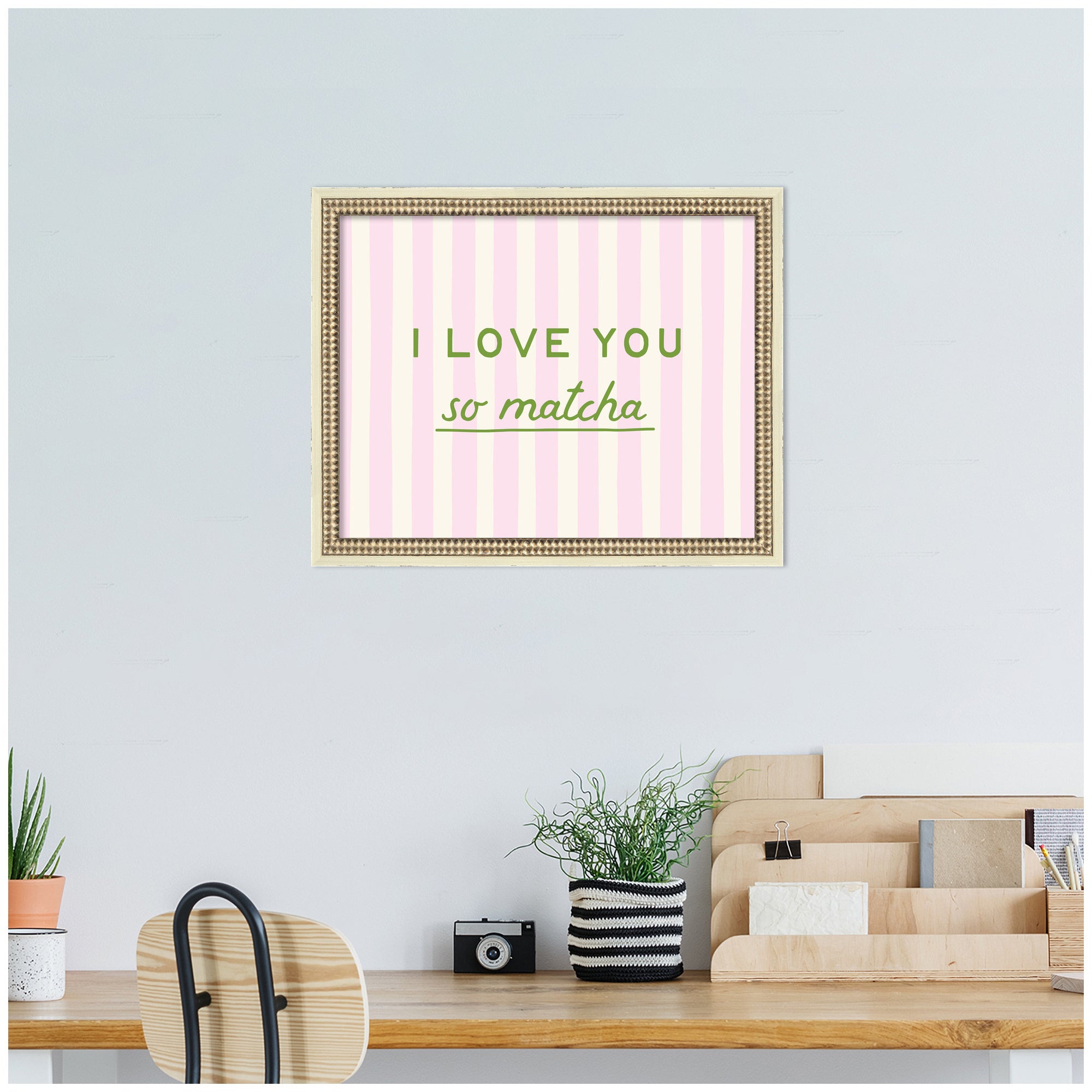 I Love You So Matcha Pink and Green Striped Kitchen Art by Lucky Guava - Framed Print