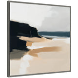Abstract coastal landscape painting with beige sandy shore, dark cliffs on left, and muted blue ocean horizon under a pale sky, in a gray frame.