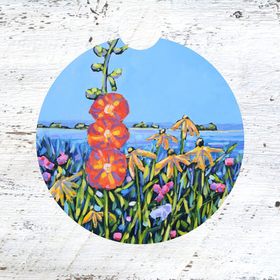 Car Coaster: Hollyhocks - Mackinac Island. Artist Christi Dreese by Dreese Fine Art - Resin Society