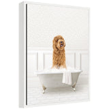 Framed canvas art depicting Sylvie the Golden Doodle sitting in a white bathtub, surrounded by a modern lightweight frame.