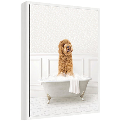 Framed canvas art depicting Sylvie the Golden Doodle sitting in a white bathtub, surrounded by a modern lightweight frame.
