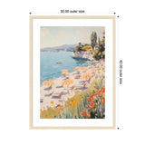 Painting of a sunny beach scene with orange-and-white striped umbrellas and lounge chairs along the shore, framed by wildflowers and coastal trees in soft pastels.