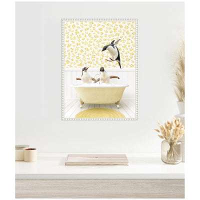 Sylvie Penguins in Cottage Yellow Bathtub Framed Canvas by Amy Peterson