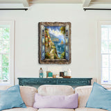Wall art mimicking an open blue wooden window revealing a vibrant seaside scene with colorful houses and sailboats under a bright sky, framed in rustic wood.