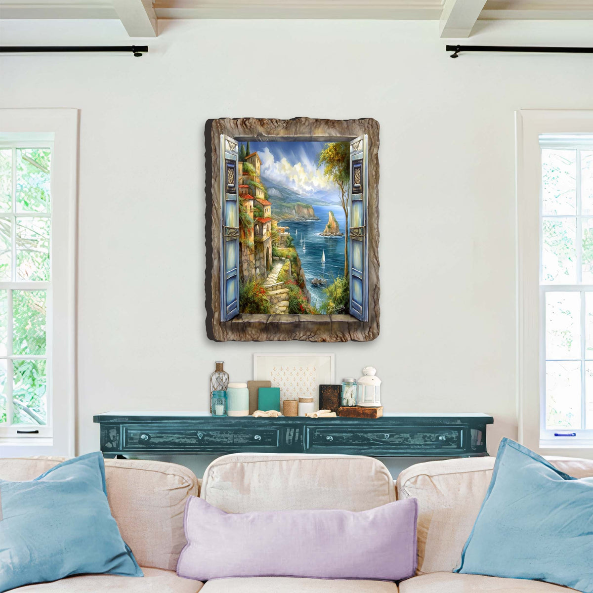 Wall art mimicking an open blue wooden window revealing a vibrant seaside scene with colorful houses and sailboats under a bright sky, framed in rustic wood.