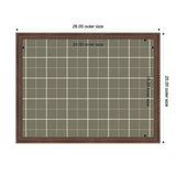 Rectangular fabric pinboard with a sage green and white plaid pattern framed by dark wood, showing 26 by 20 inches outer and 24 by 18 inches inner dimensions.
