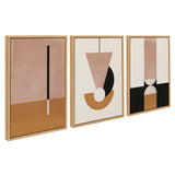 Triptych of abstract geometric art on canvas with beige, black, and rust shapes, framed in light wood, showing vertical and curved forms in soft tones.