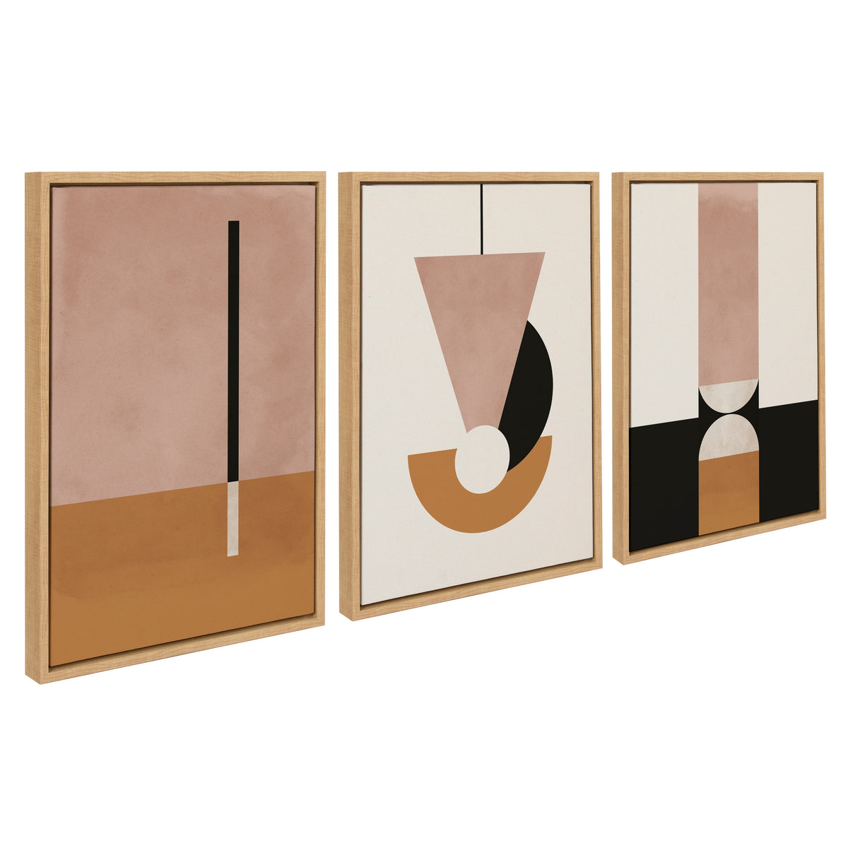 Triptych of abstract geometric art on canvas with beige, black, and rust shapes, framed in light wood, showing vertical and curved forms in soft tones.