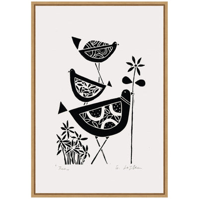Sylvie Folk Bird Family Trio Linocut Framed Canvas by Giuliana Lazzerini