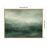 Abstract horizontal landscape in tonal shades of sage and emerald green with soft cloud-like textures, framed in a simple light wood frame measuring 42 by 32 inches.