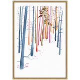 Framed watercolor painting of slender woodland trees in shades of blue, pink, orange, and brown with scattered pink leaves on a white background.