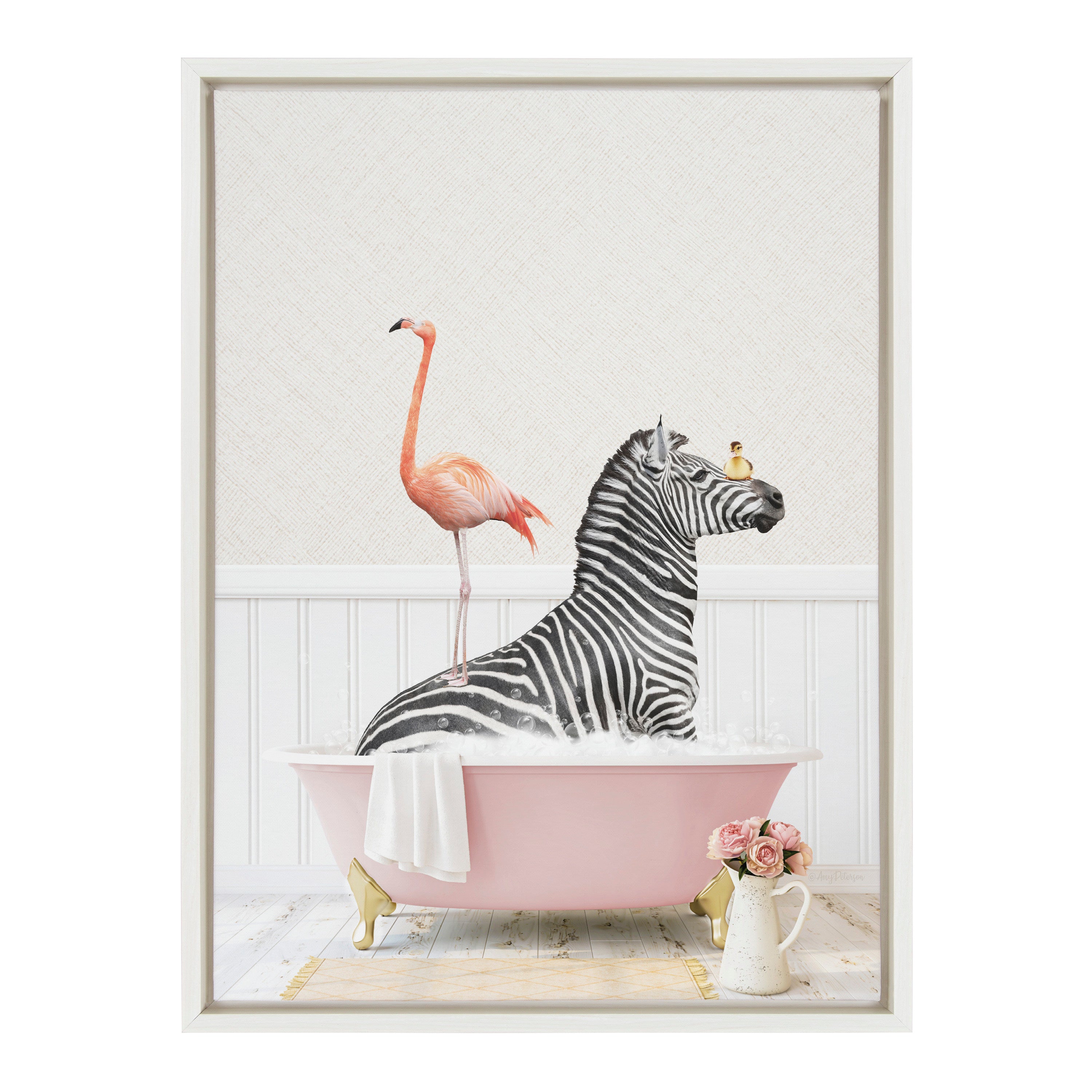 Sylvie Zebra and Flamingo in Cottage Rose Bathtub Framed Canvas by Amy Peterson