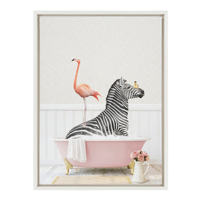 Sylvie Zebra and Flamingo in Cottage Rose Bathtub Framed Canvas by Amy Peterson