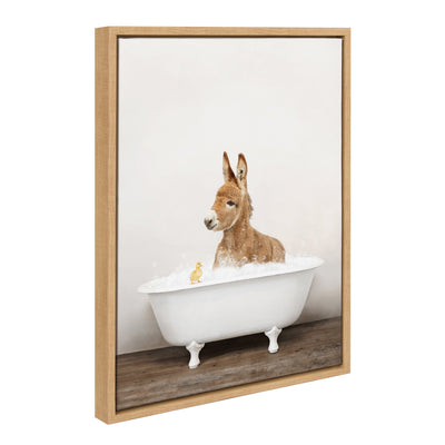 Framed canvas artwork depicting a baby donkey in a rustic bath by Amy Peterson, featuring a light polystyrene floating frame.