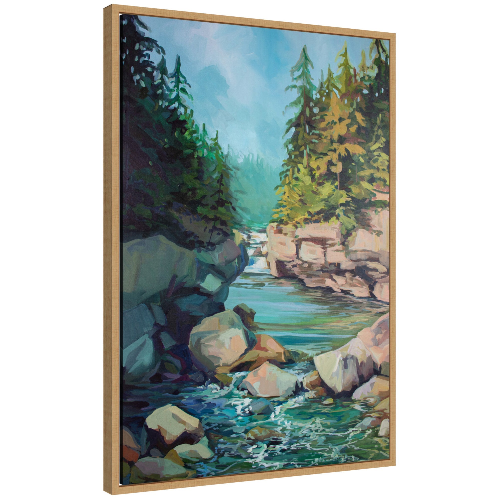 Sylvie Rocky Rapids framed canvas wall art by Rachel Christopoulos showing a landscape scene with flowing rocky river rapids.