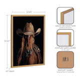 Framed print of a brown horse wearing a weathered western cowboy hat, shown against a black background, with a natural oak wood frame detailed in gold finish.