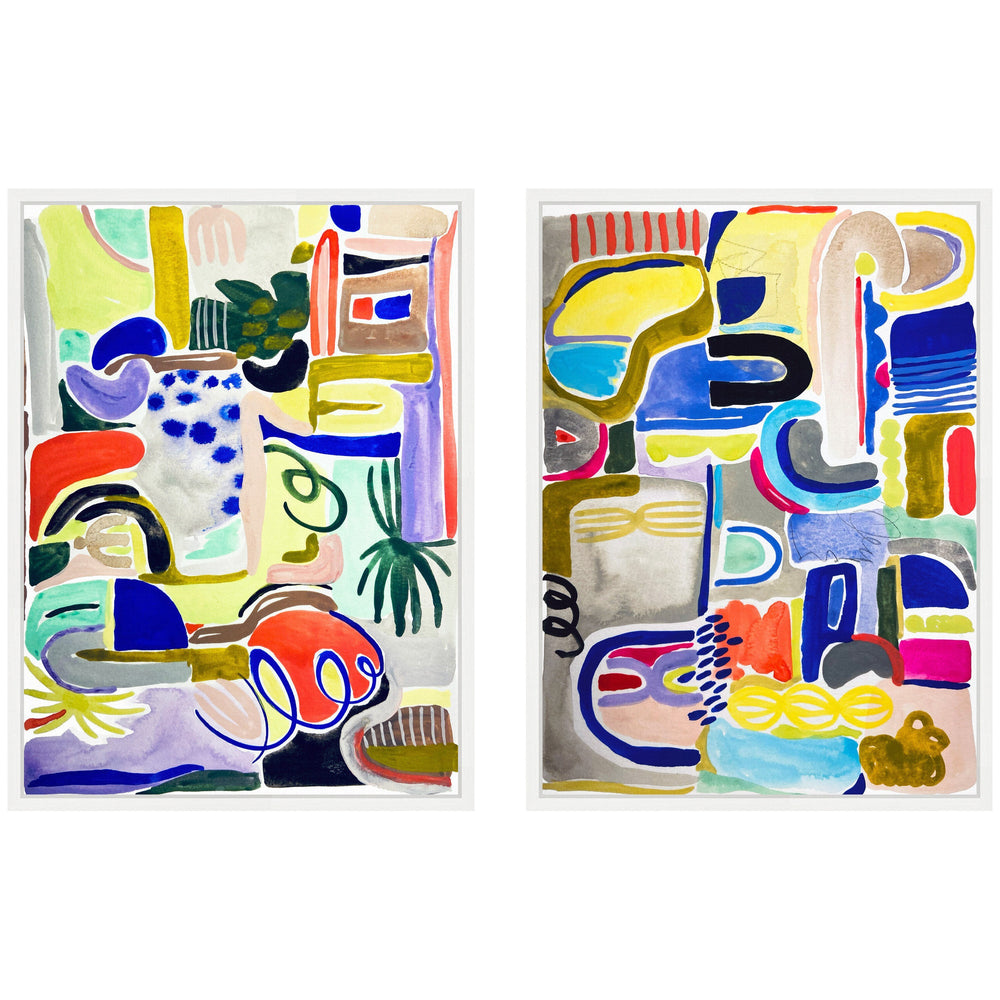 Sylvie Colorful Abstract 6 and 7 framed abstract canvas art set by Emma Daisy, showcasing vibrant mixed color shapes in modern polystyrene frames