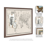 Framed fabric pinboard with a vintage-style black and white world map printed on a linen-like canvas, shown with two pinned black-and-white photos.