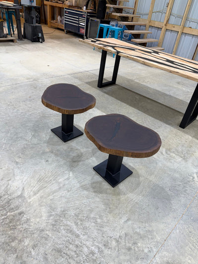 Walnut Cookie Side Tables with thick steel bases, handcrafted by Sasquatch Tables LLC