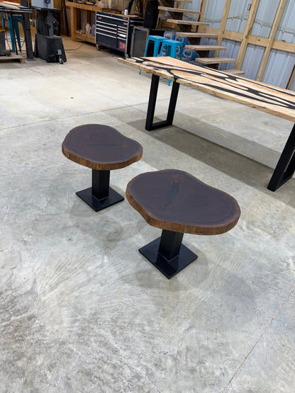 Walnut Cookie Side Tables with thick steel bases, handcrafted by Sasquatch Tables LLC