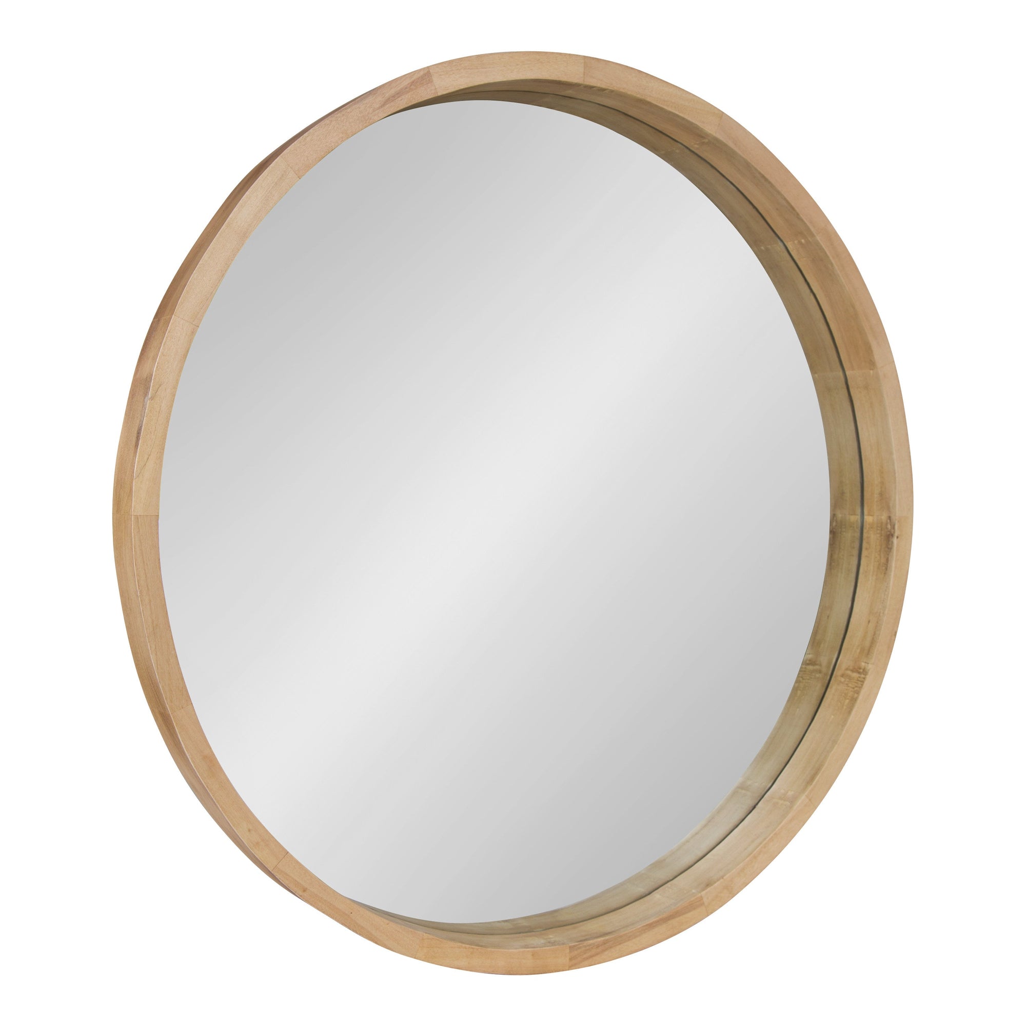 Hutton Round Wood Wall Mirror with natural poplar frame hanging on a wall
