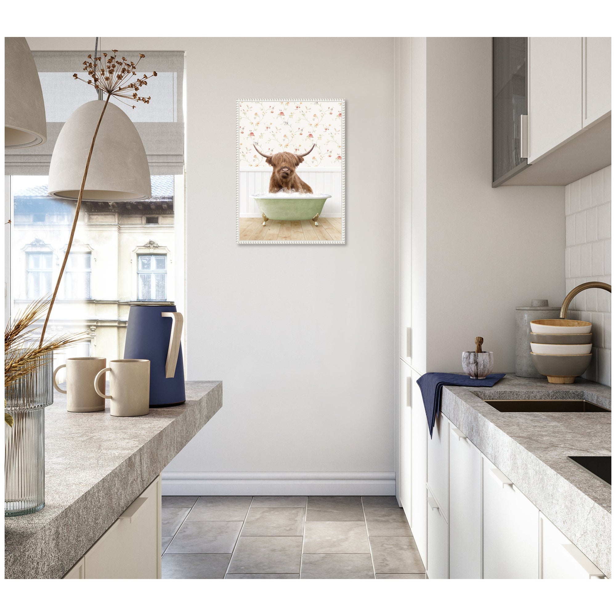 Sylvie Highland Cow in Cottage Farm Bath Framed Canvas by Amy Peterson