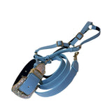 La Jolla Collar, Leash, Harness Set in matte baby blue embossed croc Italian leather with Swarovski Crystal hardware