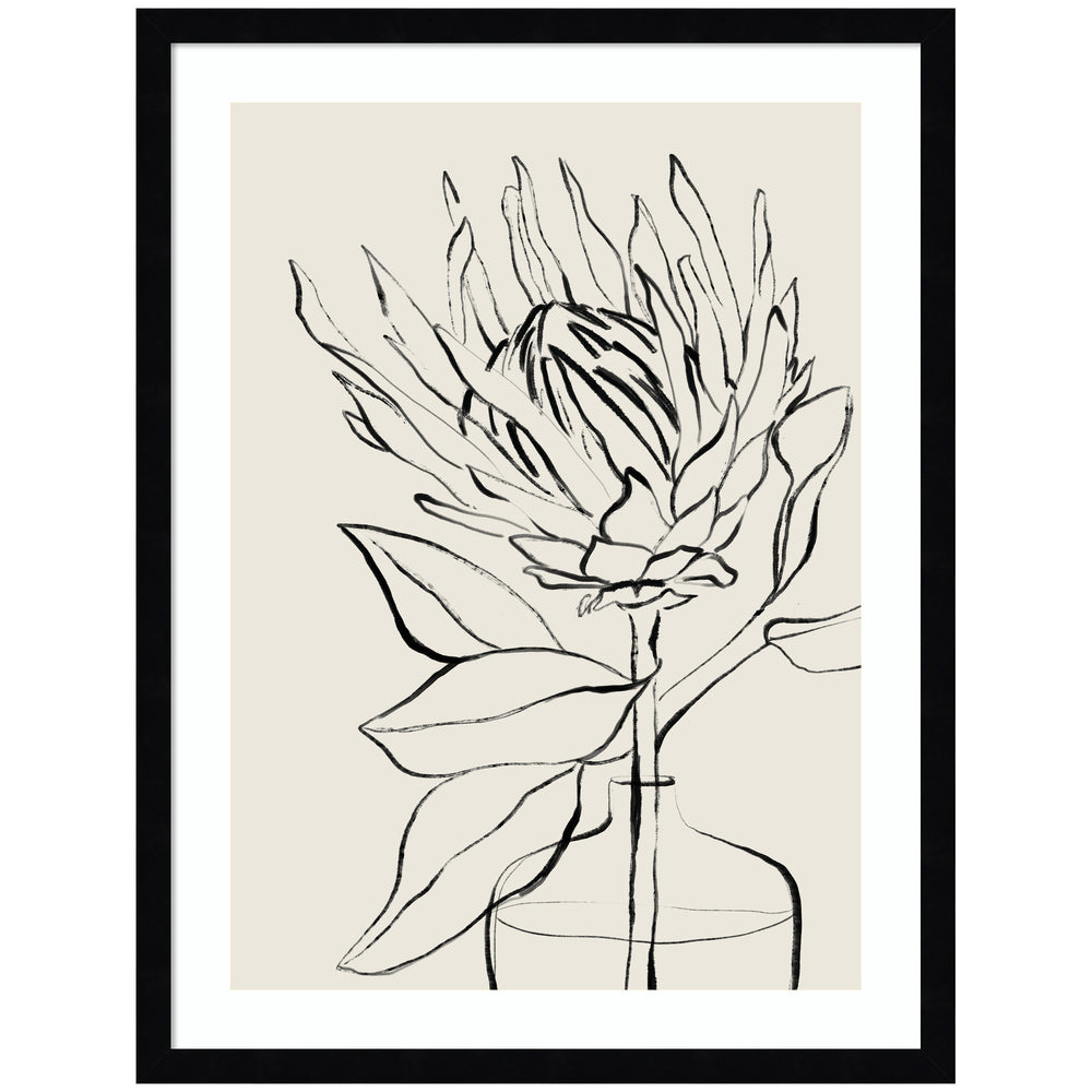 Framed SB Protea Sketch No.
1 wall art print showing detailed sumi-style protea flower drawing in white mat and woodgrain stripe mocha frame